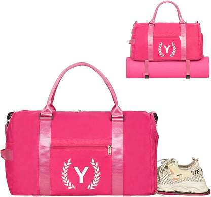 Gym Bag for Women, Personalized Duffle Bag with Shoe Compartment, Sports Bag for Yoga & Dance with Wet Pocket and Mat Strap(HotPink,Y)