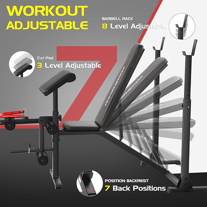 OPPSDECOR 900LBS Weight Bench Set with Squat Rack Preacher Curl Weight Bench with Leg Extension Bench Press Set Workout Bench for Home Gym Full Body Workout
