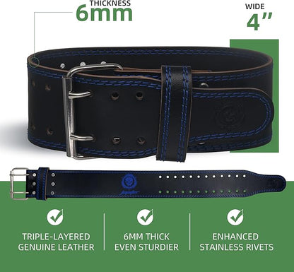 Weight lifting Belt (6mm Thick) - Genuine leather, offering back support. Double-pronged buckle, ideal for weightlifting, powerlifting, squats and deadlifts