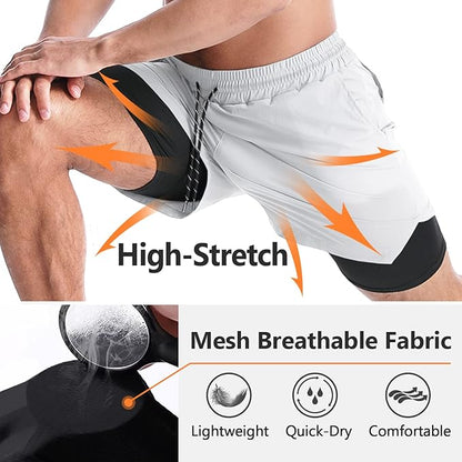 Aolesy Men's 2 in 1 Running Shorts 5" Workout Gym Athletic Shorts for Men Quick Dry Lightweight Training Shorts with Pockets