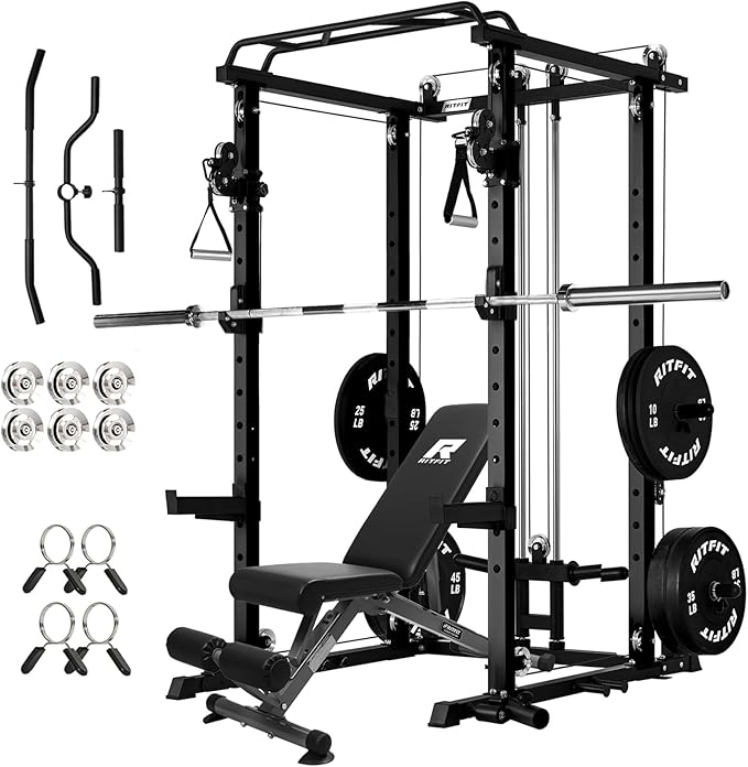 RitFit Multi-Function Garage & Home Gym Package Includes 1200LBS Power Cage PPC03/P3 with Cable Crossover System, Weight Bench, Olympic Barbell Weight Set, Full Body Workout