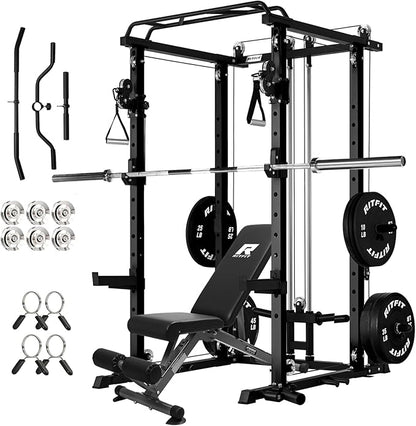 RitFit Multi-Function Garage & Home Gym Package Includes 1200LBS Power Cage PPC03/P3 with Cable Crossover System, Weight Bench, Olympic Barbell Weight Set, Full Body Workout