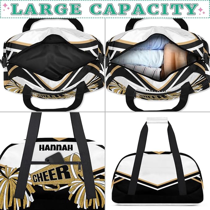 Personalized Cheerleading Dance Duffel, Custom Large Ballet Weekender Travel Cheerleaders Bag, Gold White Black