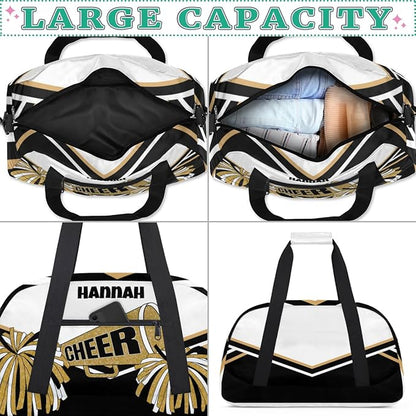 Personalized Cheerleading Dance Duffel, Custom Large Ballet Weekender Travel Cheerleaders Bag, Gold White Black