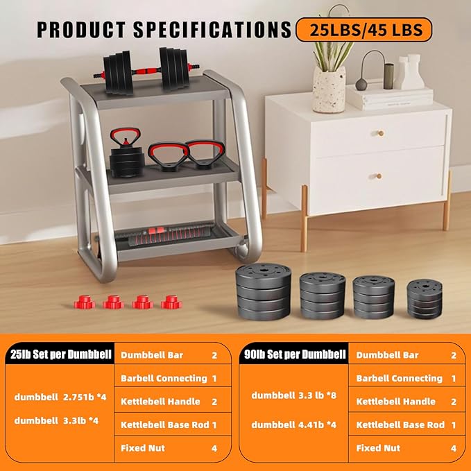 Adjustable Dumbbell Set 25/45/75/90LB, Changeable Dumbbell Set with Connecting Rod 4 in1 Dumbbells Set Used as Barbell, Kettlebells, Push up Bar, Fitness Exercises for Home Gym Suitable Women