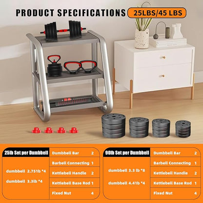 Adjustable Dumbbell Set 25/45/75/90LB, Changeable Dumbbell Set with Connecting Rod 4 in1 Dumbbells Set Used as Barbell, Kettlebells, Push up Bar, Fitness Exercises for Home Gym Suitable Women