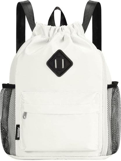 WANDF Drawstring Backpack Sports Gym Bag with Shoes Compartment, Water-Resistant String Backpack Cinch for Women Men (Small,Beige)