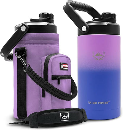 NATURE PIONEOR 64 oz Insulated Water Bottle - Double Vacuum Stainless Steel Half Gallon Water Jug with Holder/Carrier, Wide Mouth, Outdoor Sports, Hiking, Camping, Gym