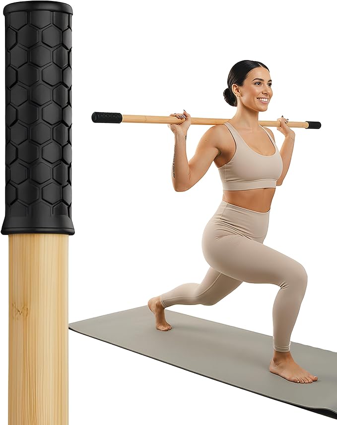 Yoga Stick - 5ft Bamboo Stretching Stick for Mobility with 20+ Video Tutorials - Posture Corrector, Stiffness Relief - Dowel Rod for Physical Therapy, Exercise Stick for Stretching with Non-Slip Grips