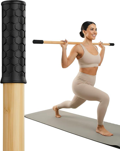 Yoga Stick - 5ft Bamboo Stretching Stick for Mobility with 20+ Video Tutorials - Posture Corrector, Stiffness Relief - Dowel Rod for Physical Therapy, Exercise Stick for Stretching with Non-Slip Grips