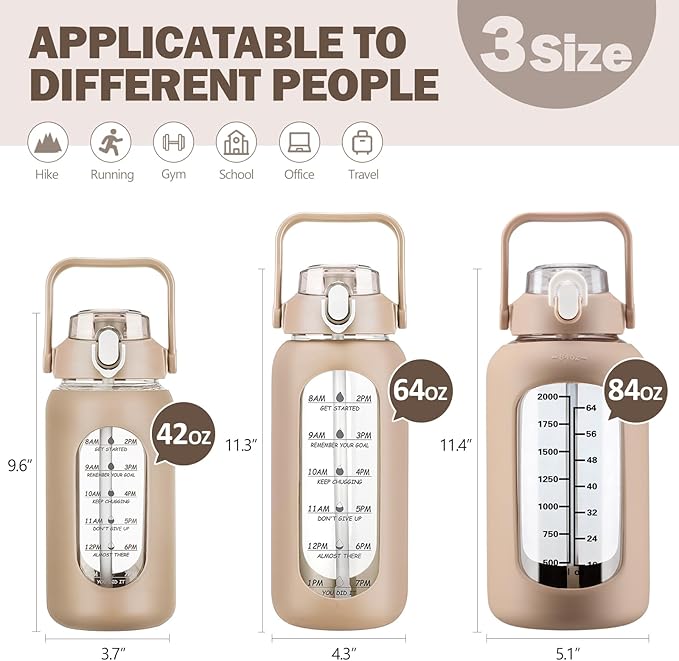 kytffu 84oz Glass Water Bottle with Straw, 2.5 Liter Large Water Bottle with Silicone Sleeve and OZ Marker, Wide Mouth Gallon Glass Bottle with 2-in-1 Lid, Leakproof Water Jug for Gym Home, Amber