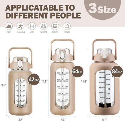 kytffu 84oz Glass Water Bottle with Straw, 2.5 Liter Large Water Bottle with Silicone Sleeve and OZ Marker, Wide Mouth Gallon Glass Bottle with 2-in-1 Lid, Leakproof Water Jug for Gym Home, Amber