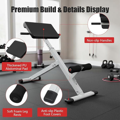 Roman Chair Back Extension Machine, 5-Stage Adjustable Hyperextension Bench, Multi-Functional Ab Workout Sit-Up Bench with 265 lbs Capacity for Home Workout Gym Fitness Equipment, White