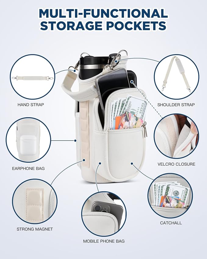 IPOW Magnetic Gym Bag Water Bottle Carrier Holder with Phone Pockets & Shoulder Strap for Men Women,Water Bottle Holder, Gym Pouch, Crossbody Bag for Travel, Sports, Work, Fitness - Beige