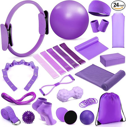 24 Pcs Home Pilates Essentials Kit for Women, Pilates Equipment Ring and Ball Set with Stretching Strap, Water Bottle, Magic Circle, Yoga Ring, Gym Bag, Resistance Band, Anti Slip Socks
