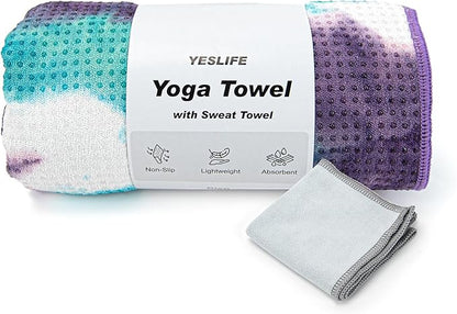 YESLIFE Non-Slip Extra Thick Hot Yoga Towel with One Sweat Towel, Microfiber Sweat Absorbent Yoga Mat Towel with Grip Dot, Pilates Mat, 72" x 24", Green&Purple
