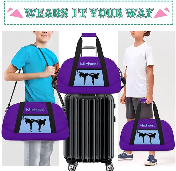 Personalized Martial Art Bag Duffel Bag for Boys Girls, Custom Taekwondo Karate Bag for Travel Weekender Practice Blue Purple
