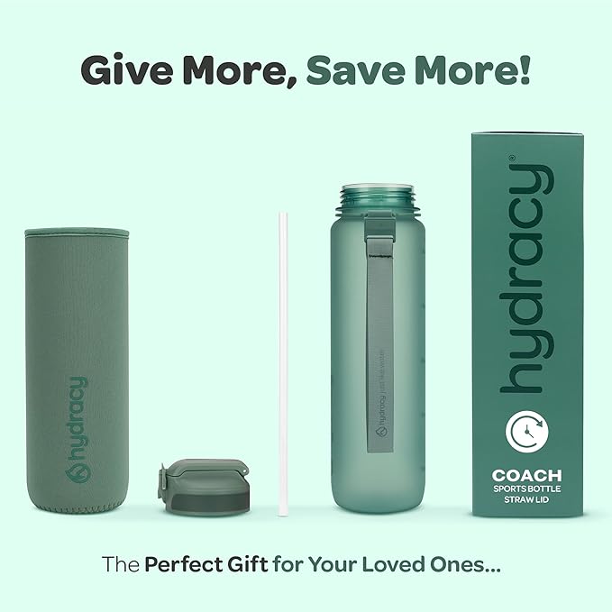 Hydracy Water Bottle with Time Marker -Large BPA Free Water Bottle & No Sweat Sleeve -Leak Proof Gym Bottle with Fruit Infuser Strainer & Times to Drink -Ideal for Fitness Sports & Outdoors