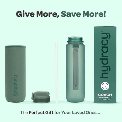 Hydracy Water Bottle with Time Marker -Large BPA Free Water Bottle & No Sweat Sleeve -Leak Proof Gym Bottle with Fruit Infuser Strainer & Times to Drink -Ideal for Fitness Sports & Outdoors