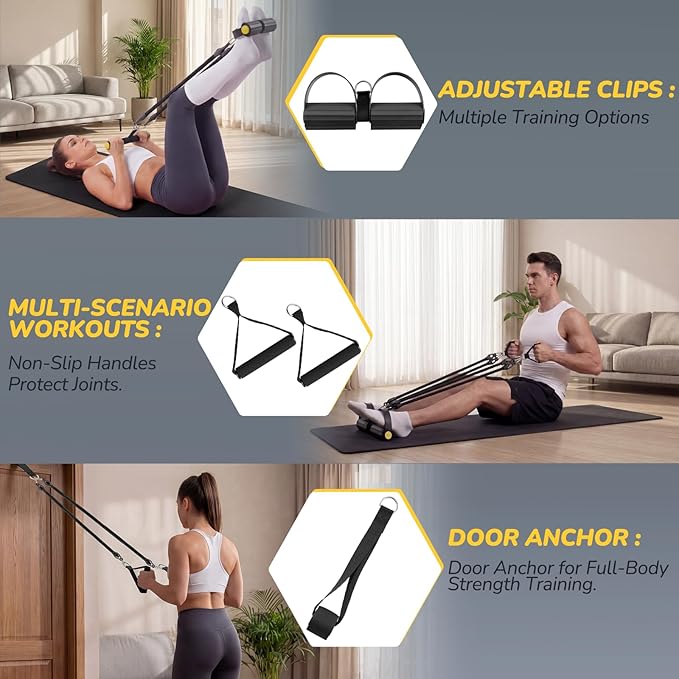 Upgrade Foot Pedal Resistance Bands with Handles, 4 Tube Adjustable Resistance Bands for Abdomen, Waist, Arm, Core/ABS, Leg Workout - Stirrup Puller for Men Women for Full Body Workout