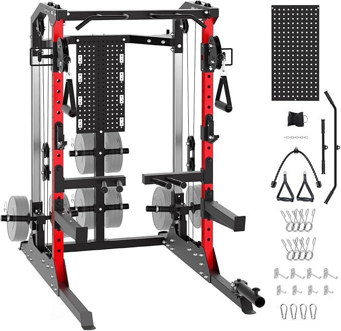 Power Cage, 2000LB Power Rack with Independent Dual Pulley System, Multi-Function Home Gym Workout Machine for Stability & Strength Training