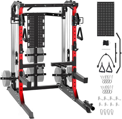 Power Cage, 2000LB Power Rack with Independent Dual Pulley System, Multi-Function Home Gym Workout Machine for Stability & Strength Training