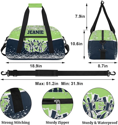 Personalized Cheer Gym Bags for Girls Kids Cheerleaders with Custom Name Sport Dance Perform Training Duffel Bags for Overnight Weekender Travel Green Blue