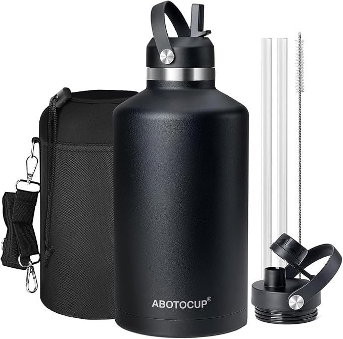 Gallon Water Bottle,128oz Stainless Steel Water Bottles Insulated,Double Wall & Leak Proof, Travel,Football,Gym,Camping Essentials,Keep Cold All Day,Black