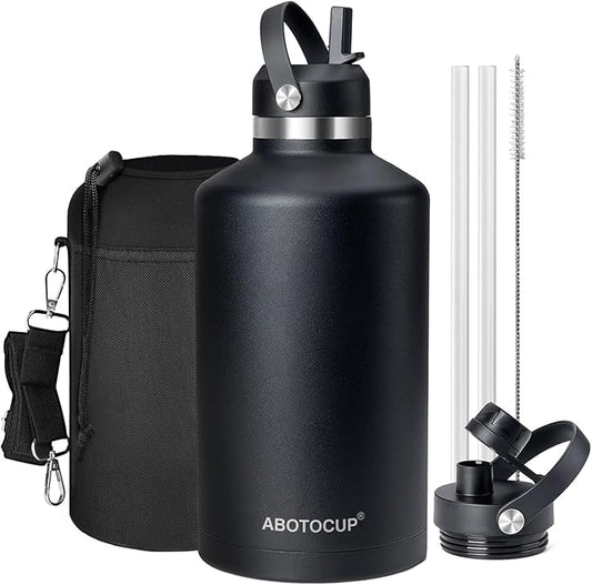 Gallon Water Bottle,128oz Stainless Steel Water Bottles Insulated,Double Wall & Leak Proof, Travel,Football,Gym,Camping Essentials,Keep Cold All Day,Black