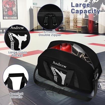 Custom Name Taekwondo Karate Duffle Bag for kids Boy Girls - Personalized Martial Arts Gear Bag, Water-Resistant Sparring Equipment Bag, Taekwonbo Black
