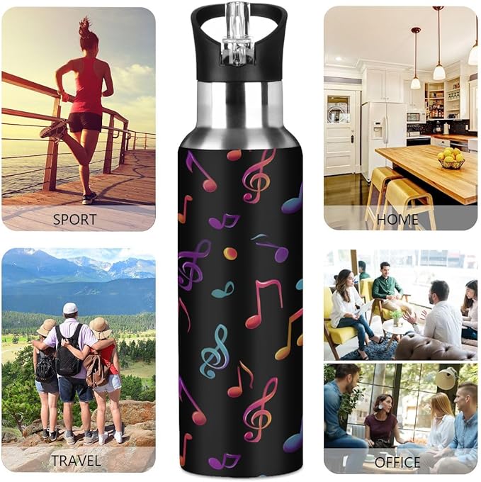 Colorful Music Note Water Bottle Vacuum Insulated Stainless Steel Mug Kids Water Bottle with Straw and Handle Keep Hot Cold Sport Bike Fit Travel Outdoor 20 oz