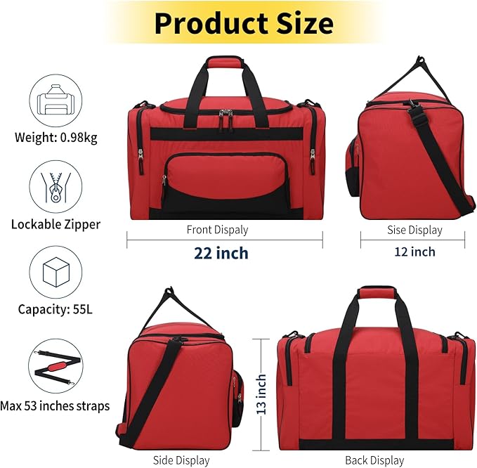 Gym Bag 22 inch Sport Duffle Bag for Men - 55L Weekender Duffel Bag for Travel - Red