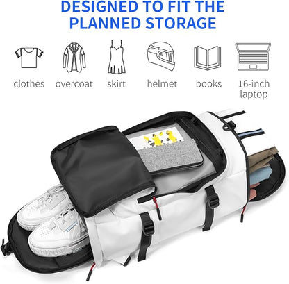 Duffel Bag with Shoe Compartment Travel Backpack Men and Women Waterproof for Gym Motorcycle Helmet (White)