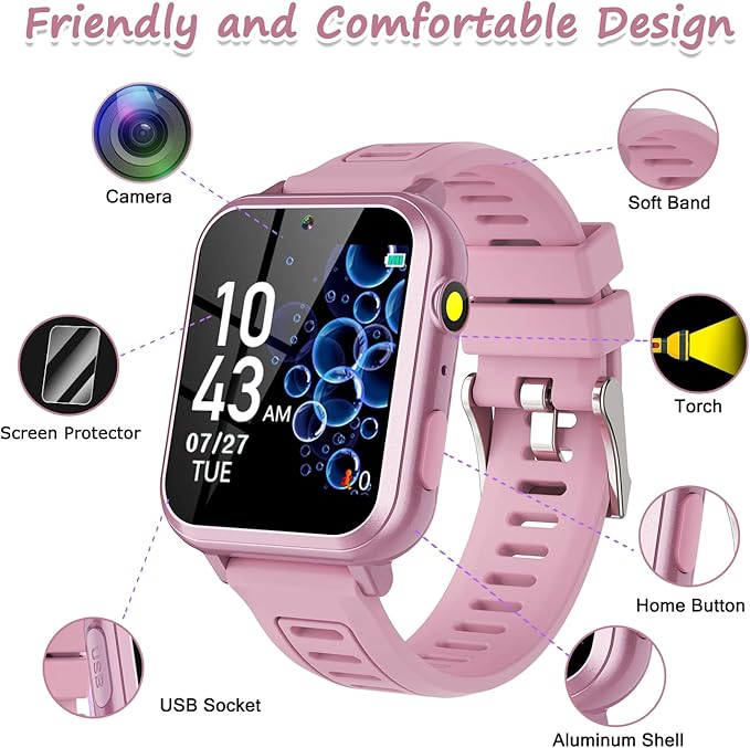 Smart Watch for Kids with 39 Games HD Touch Touchscreen Alarm Clock, Camera Music Player Pedometer Flashlight 12/24 hr Video & Audio Recording, Toys Gift for 3-12 Years Old Girls