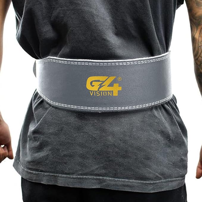 G4 Vision Genuine Leather Adjustable Weightlifting Belt 4 Gym Fitness Bodybuilding Powerlifting Deadlifting Thrusters Back Support Heavy Workout (Small, Gray)