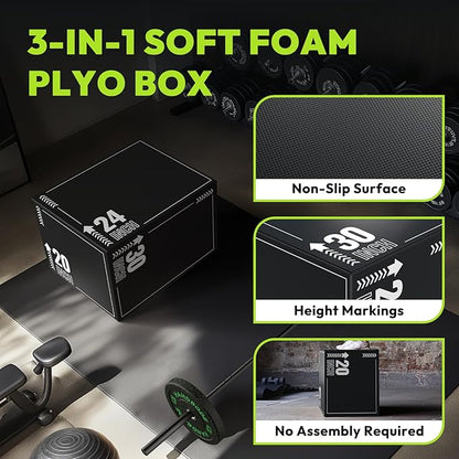 3-in-1 Plyometric Box, Jumping Exercise Equipment Trainer with Non-Slip Surface for Workout Training, Pro-Duty HIIT Exercise Foam Plyo Box, Home Gym