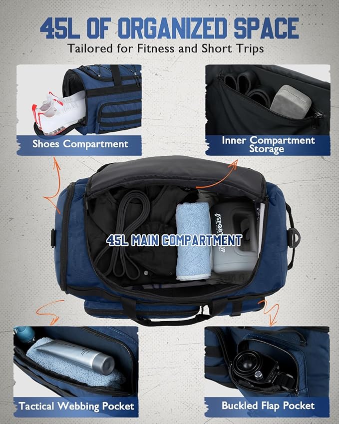 Gonex 45L Duffel Bag for Men, 3 in 1 Convertible Carry Gym Duffle with Shoe Compartment, Tactical Gear Loops, Water-Repellent Lining, Workout & Travel Bag (Dark Blue)