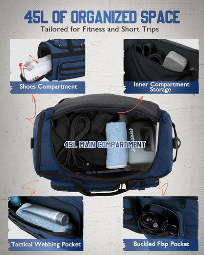 Gonex 45L Duffel Bag for Men, 3 in 1 Convertible Carry Gym Duffle with Shoe Compartment, Tactical Gear Loops, Water-Repellent Lining, Workout & Travel Bag (Dark Blue)