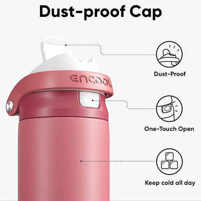 ENCOOL Leakproof Insulated Water Bottle with Straw Dual-Sip Water Bottle Bag-Safe Design for Work, Commute & Gym – Keeps Drinks Cold All Day, 40 oz, Vermilion