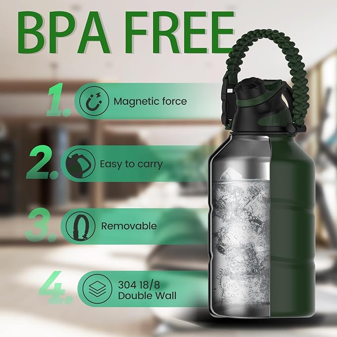 Fjbottle Insulated Half Gallon Water Bottle 64oz with Magnetic Lid,Stainless Steel Double-Wall Vacuum Leak Proof Sports Insulated Jug Keep Water Hot & Cold for Outdoor,Gym Armygreen