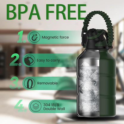 Fjbottle Insulated Half Gallon Water Bottle 64oz with Magnetic Lid,Stainless Steel Double-Wall Vacuum Leak Proof Sports Insulated Jug Keep Water Hot & Cold for Outdoor,Gym Armygreen
