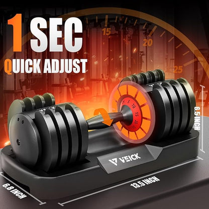 VEICK 25 lbs Adjustable Dumbbell with Anti-Slip Turning Handle, Fast Adjust Weight for Men Women, Exercise Equipment with Tray for Home Gym Full Body Workout Fitness