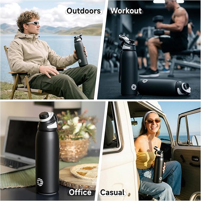 Fjbottle Insulated Stainless Steel Water Bottle, 32 Oz Leakproof Water Bottles, Ice Reusable Tumbler, Double Wall Vacuum Jug, Lightweight Durable for Traveling & Sports, Workout, 32oz