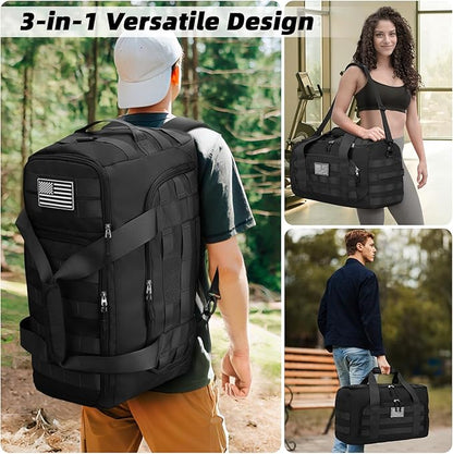 ZOMFELT Tactical Gym Bags for Men, Travel Duffle Bag with Removable Dividers & Innovative Shoe Compartment, 3-in-1 Waterproof MOLLE Gym Duffel Backpack, Airplane Carry-On Approved, Black