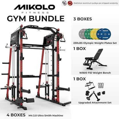 Mikolo M4 2.0 Smith Machine, 2200lbs Squat Rack with LAT-Pull Down System & Cable Crossover Machine, Training Equipment with Leg Hold-Down Attachment