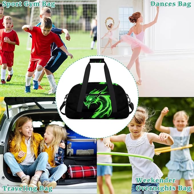Green Dragon Kids Duffel Bag for Boys, Abstract Animal Sports Gym Bags Overnight Travel Weekender Lightweight Carry On Sleepovers Duffels for School Practice Gymnastics