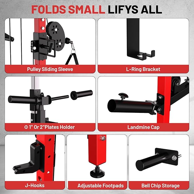 GarveeLife Folding Squat Rack, Wall Mounted Power Rack with Pulley System & Pull Up Bar, Compact Fitness Equipment with 5 Adjustable Function Modes for Small Spaces, Garage, Apartment, Red