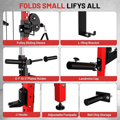 GarveeLife Folding Squat Rack, Wall Mounted Power Rack with Pulley System & Pull Up Bar, Compact Fitness Equipment with 5 Adjustable Function Modes for Small Spaces, Garage, Apartment, Red
