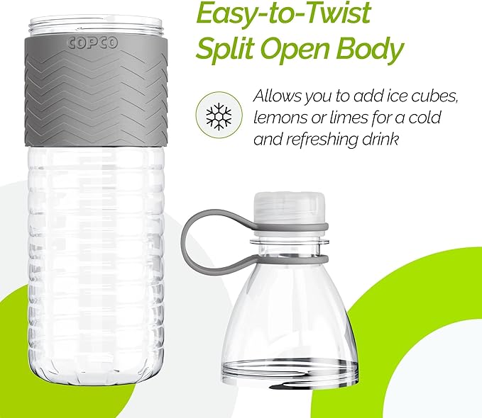 Copco Hydra 20 oz Water Bottle, Set of 2 with Carrying Loop – Leak Proof, BPA Free Tritan, Dishwasher Safe, Twist-Open Body, Non-Slip Silicone Grip, Perfect for Gym, Travel & Office Use (Grey)