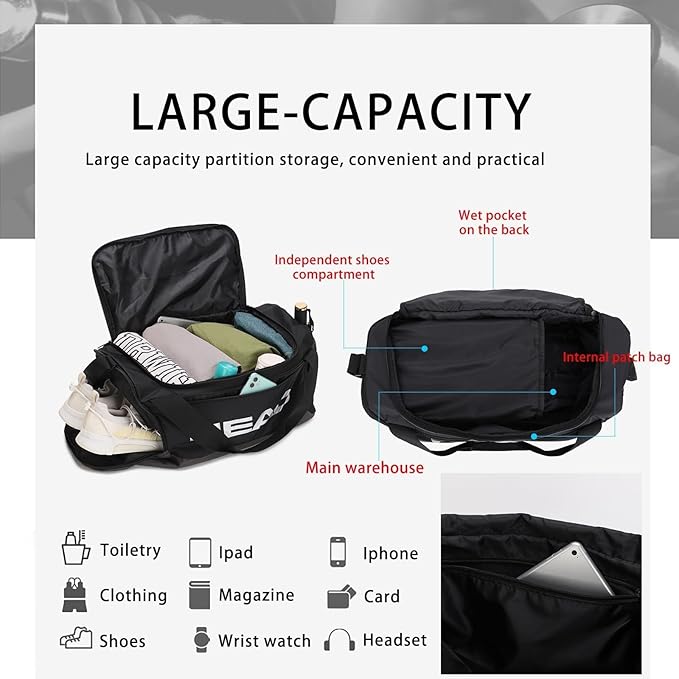 HEAD 45L Waterproof Gym Duffle Bag for Men, Large Capacity Sports Bag with Shoe Compartment & Dry Wet Pocket, Durable Crossbody Weekender Bag for Tennis, Workout, Fitness, Overnight Travel